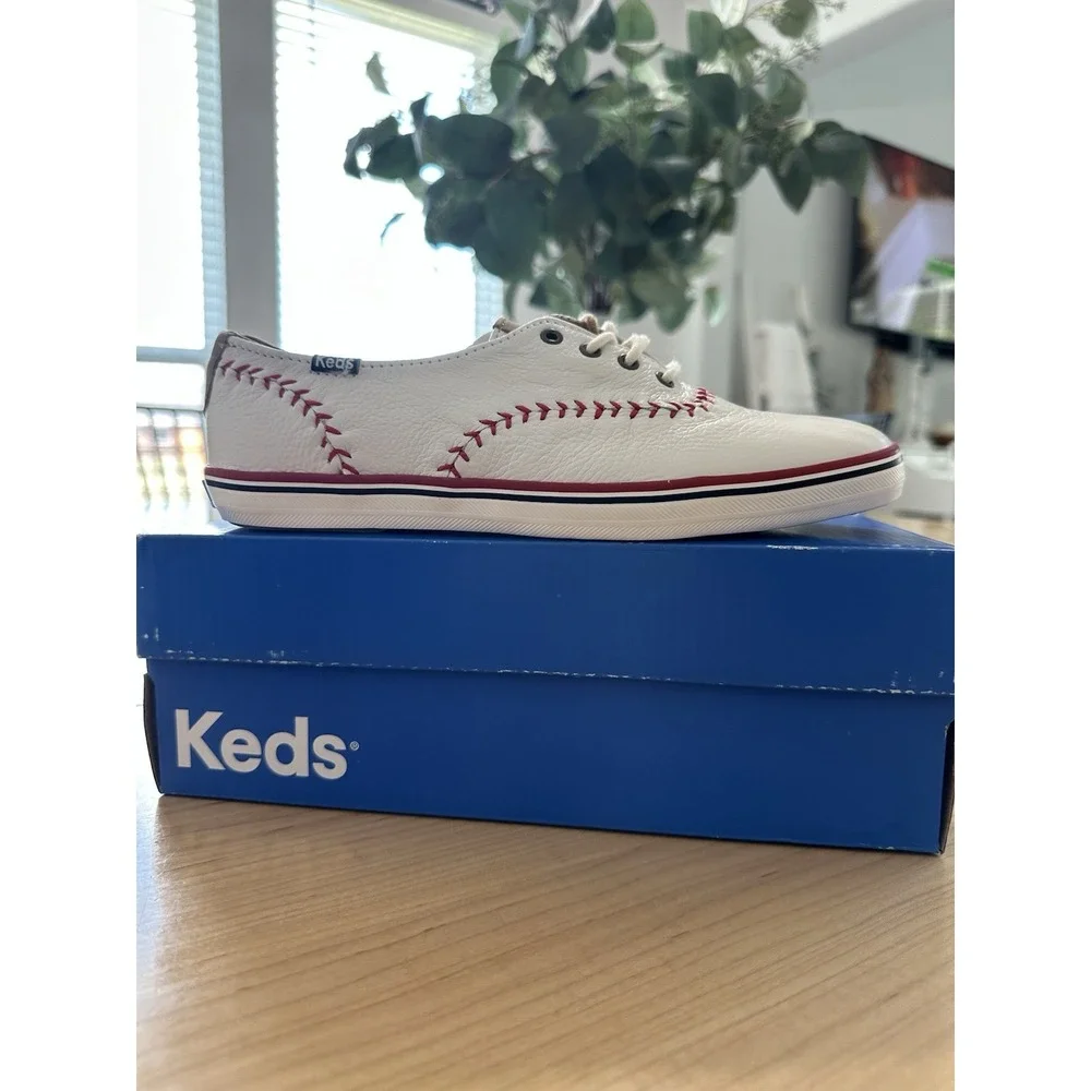 Keds Champion Baseball Sneakers White Leather Red Stitching Womens Size 7